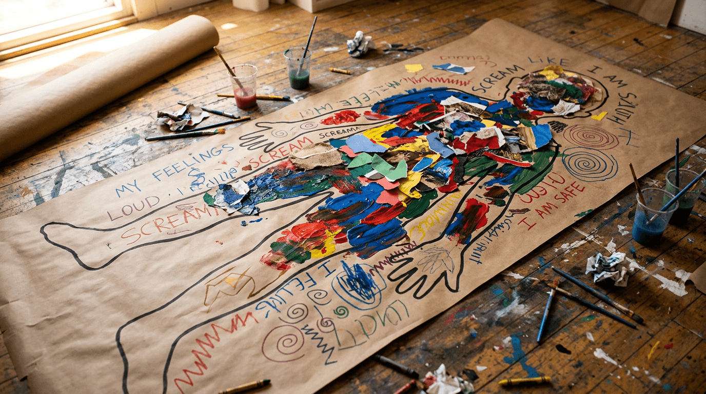 Body tracing on butcher paper filled with expressive marks and collage