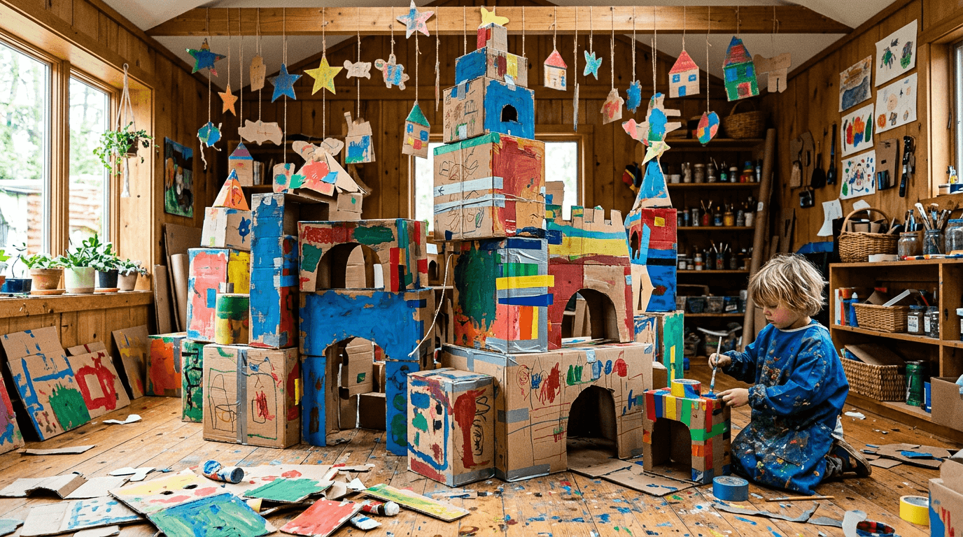 Installation of painted cardboard forms — stacked, hanging, scattered in the studio