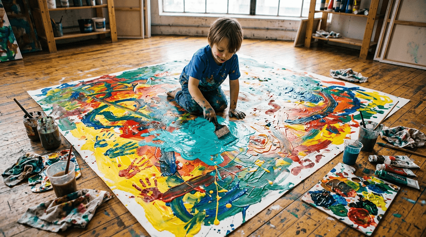 Large collaborative painting in progress — layered, messy, alive