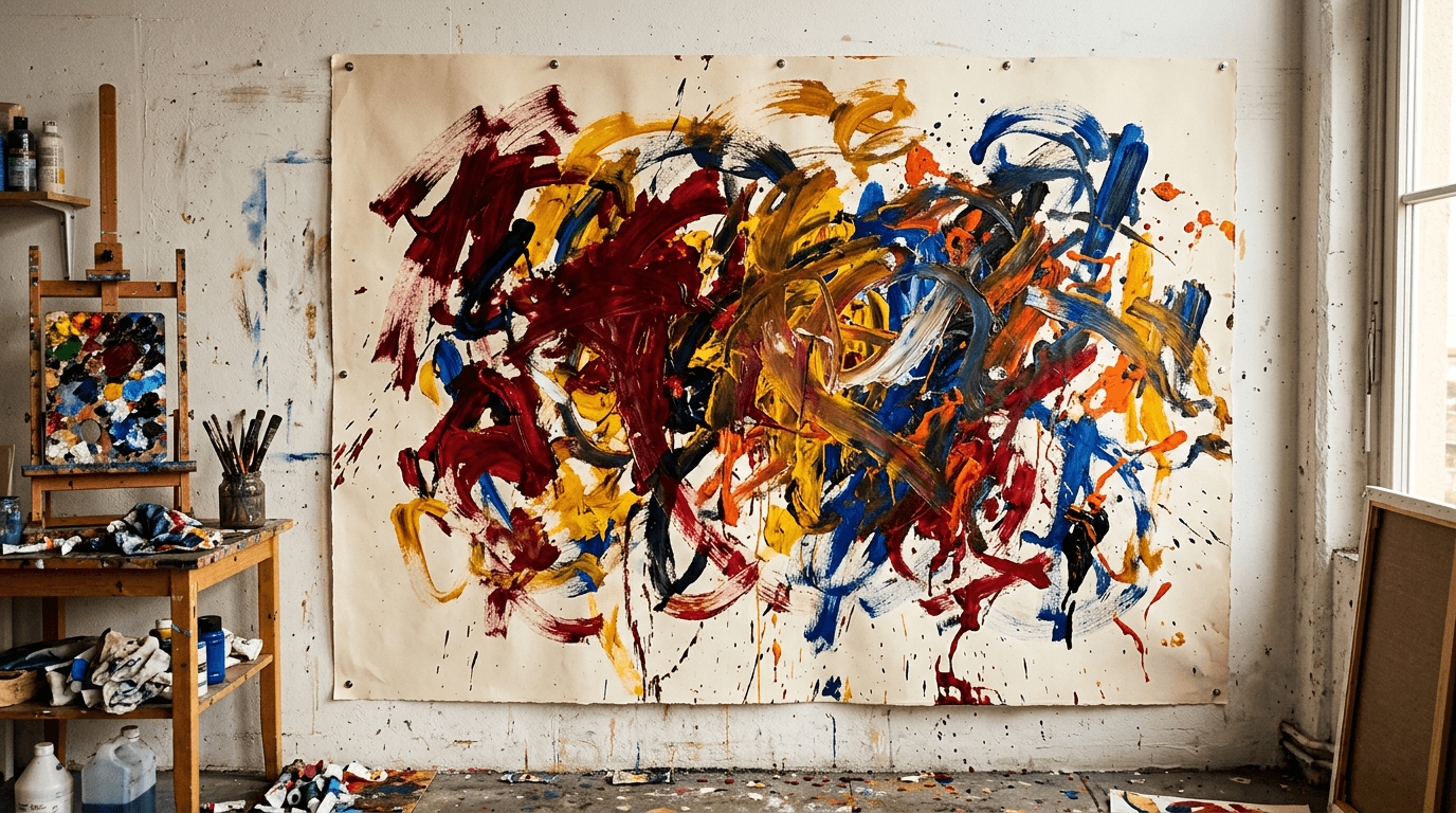 Large-scale gestural painting — sweeping brushstrokes, drips, saturated color