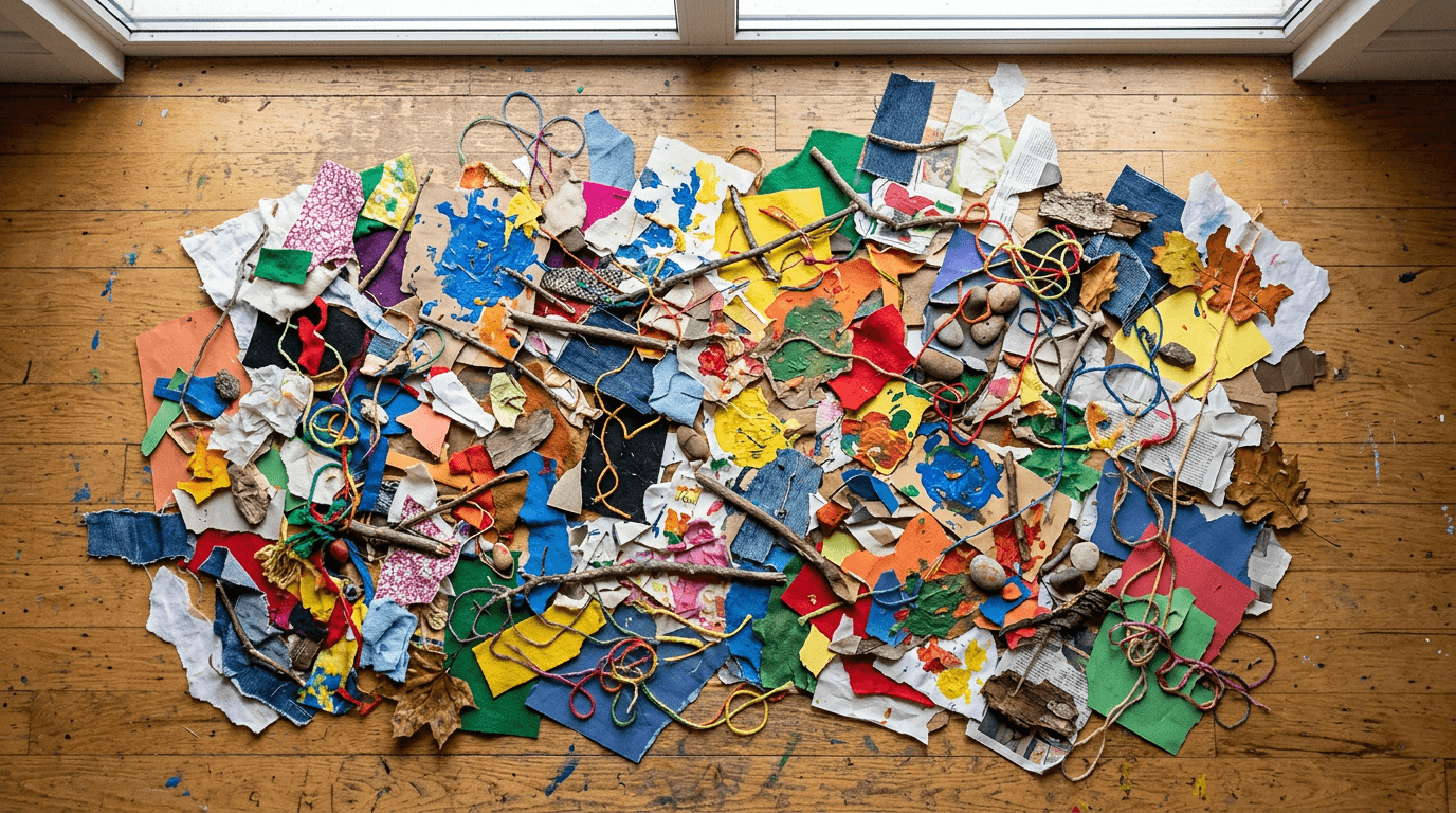 Mixed-media assemblage — fabric, paint, found objects arranged on a studio floor