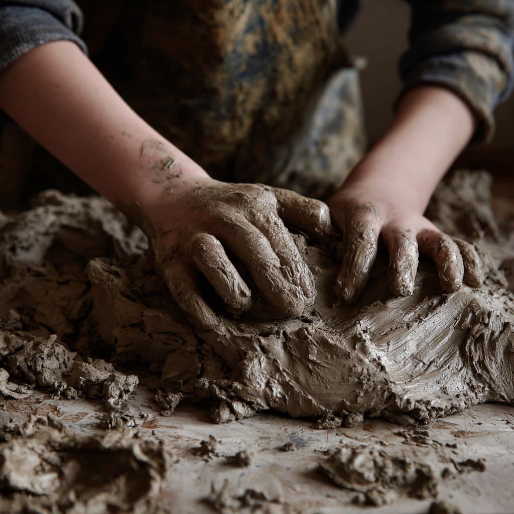 A child's hands pressing into a large slab of wet clay