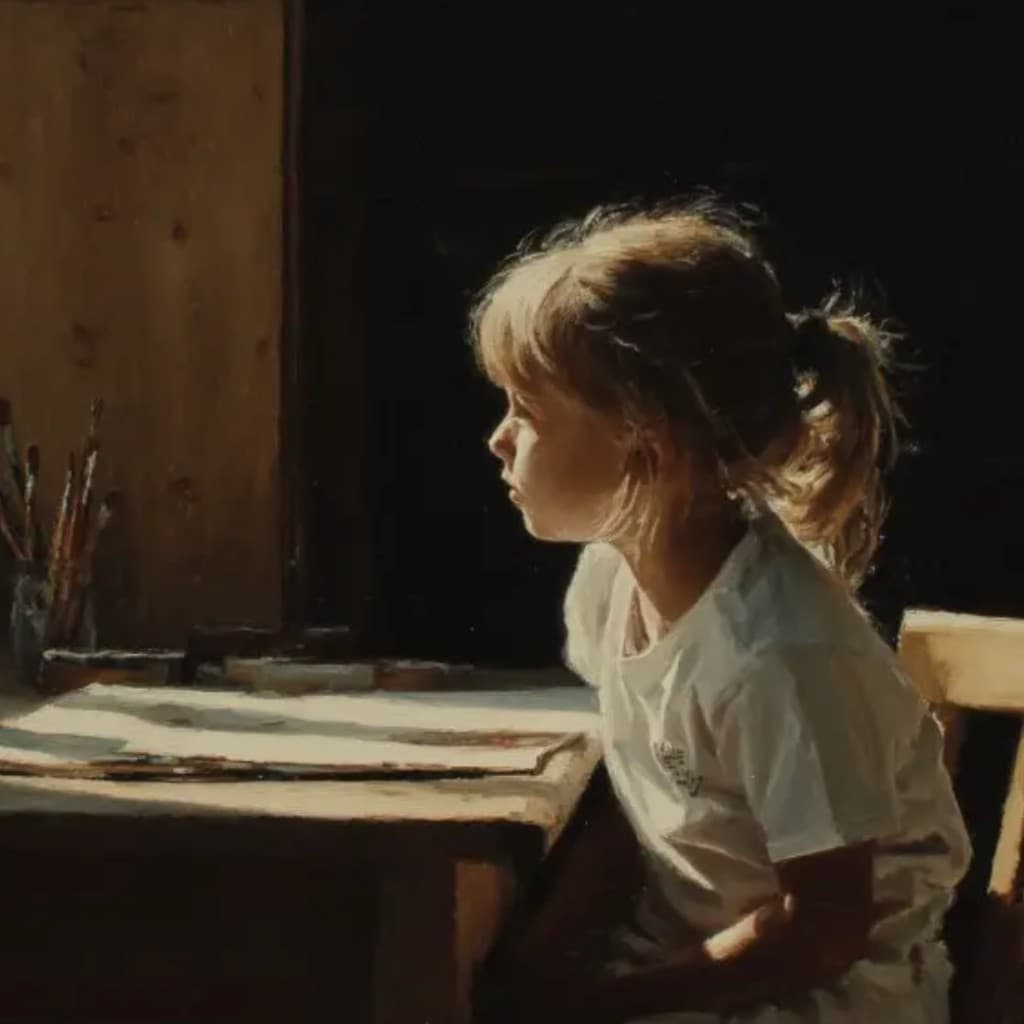 A young girl in profile, sitting at a studio table with paintbrushes, bathed in warm light