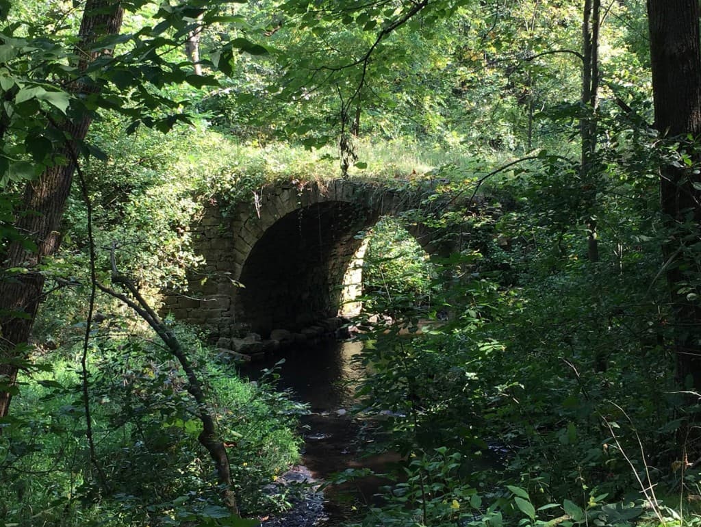 A stone bridge over a wooded creek, quiet, green, contemplative