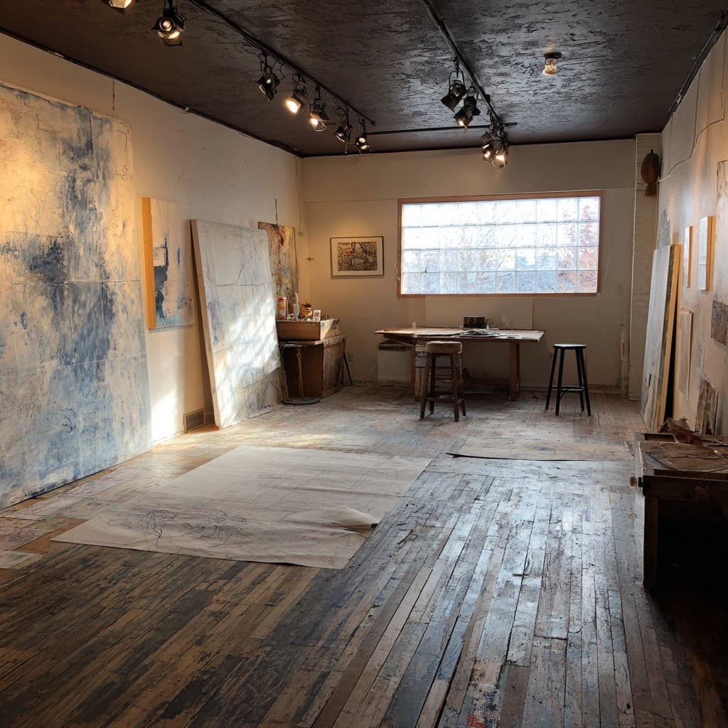 The full studio space, open, calm, sunlit, a place of freedom and possibility