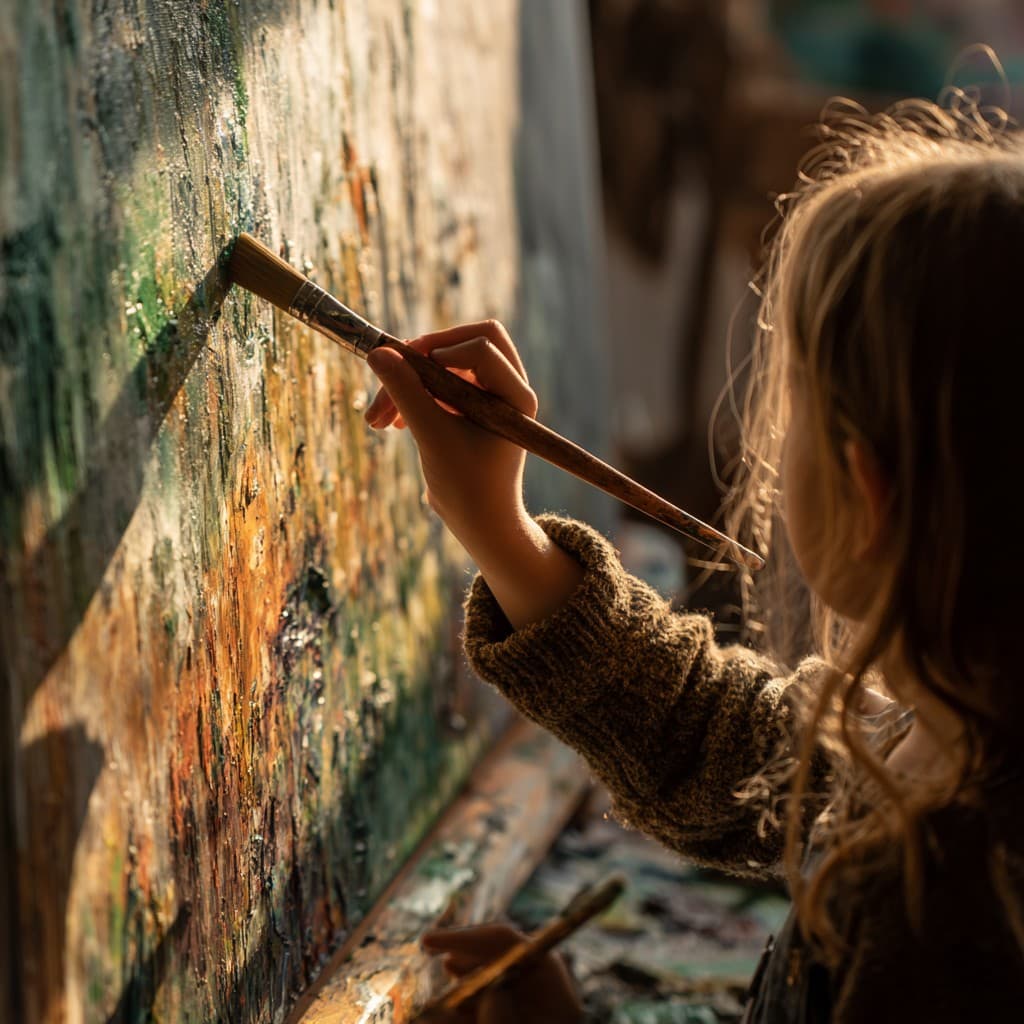 A child painting on a large canvas in warm studio light
