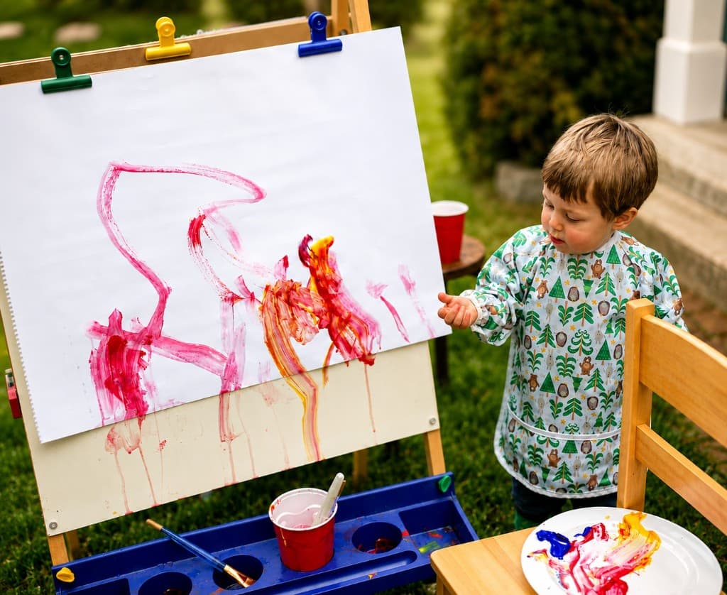 A toddler boy at an outdoor easel, looking at his finished red, pink, and orange painting
